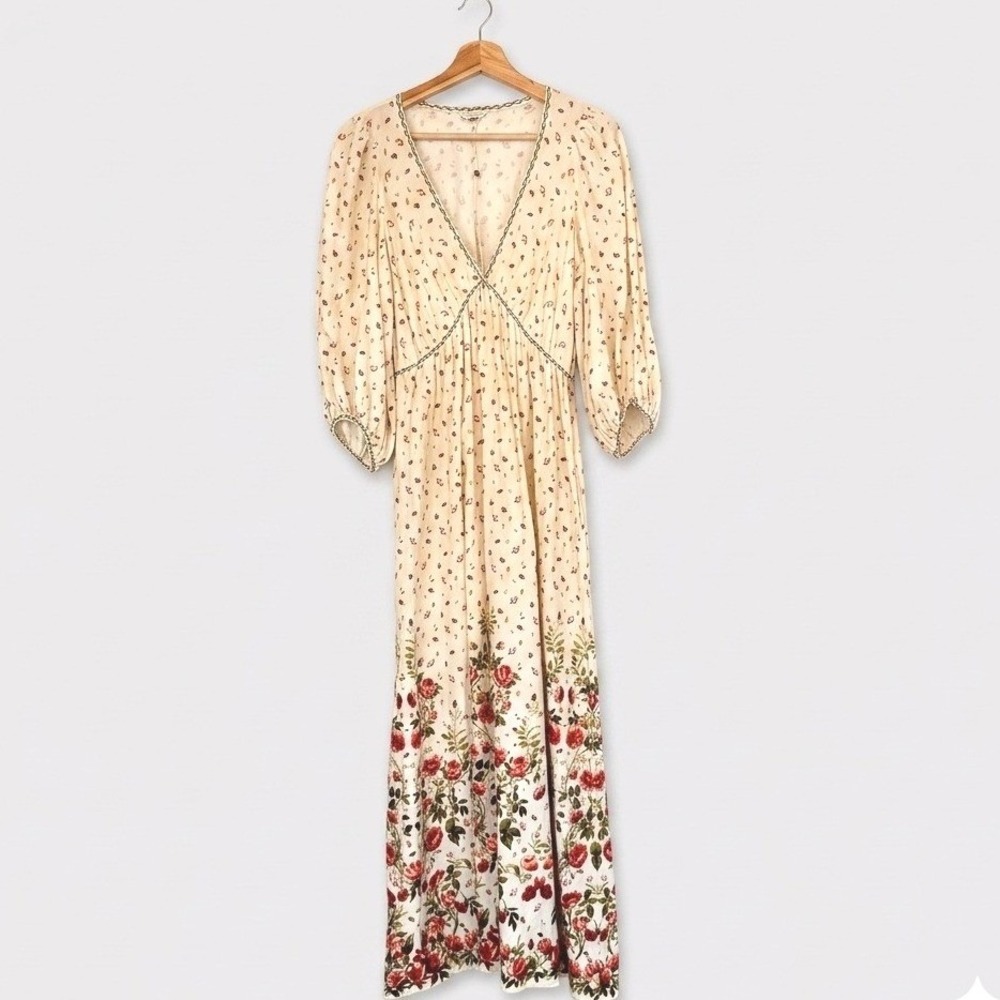 Max Studio London NWT Floral Maxi Dress VNeck Puff Sleeve Rose Print Cream Small